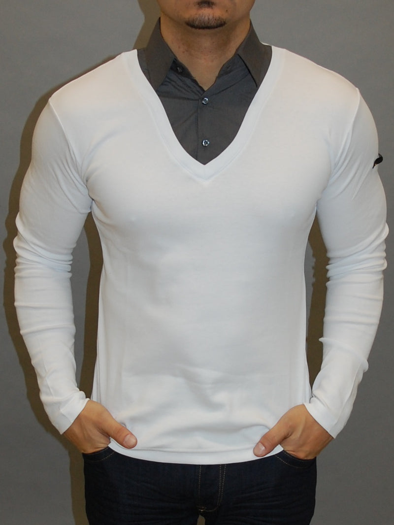 R&R Mens Stylish Fused Collar T-Shirt L/S - White