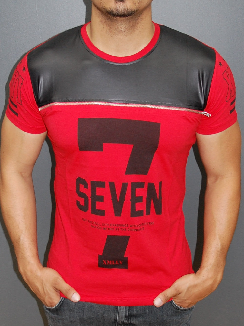 R&R Men Faux Leather Top 7 Seven Zipper T-shirt - Red