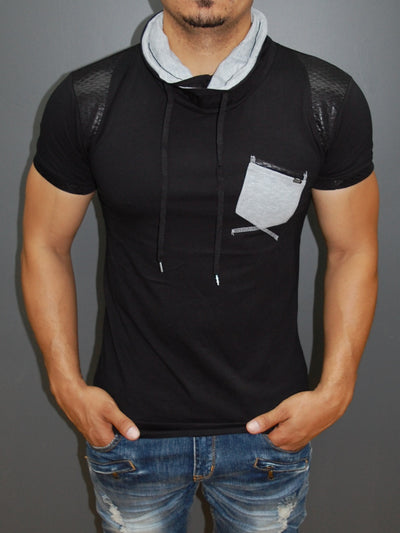 R&R Men Pat Mock Neck Pocket T-Shirt - Black