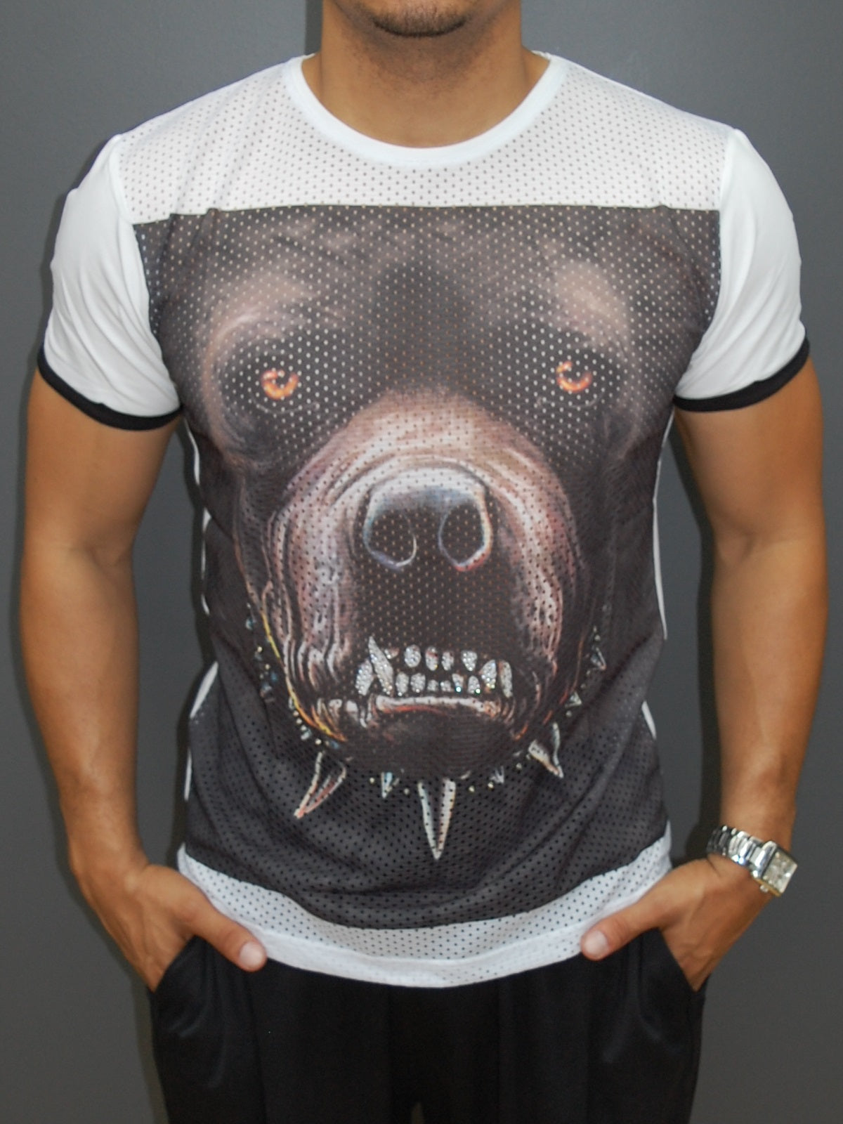 R&R Men Bling Angry Pitbull Perforated T-shirt - White