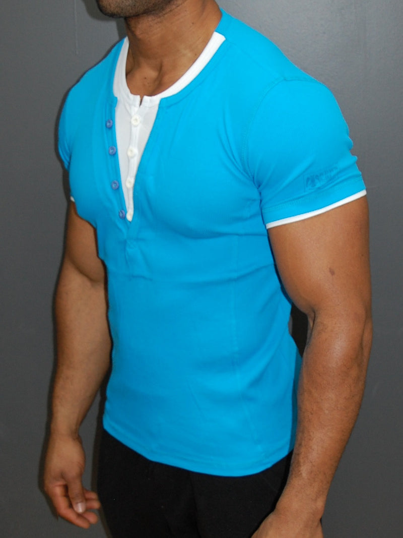 K&D Men 2 Tone Slit Button V-neck T-shirt - Blue - FASH STOP
