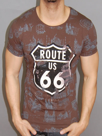 C&B MENS GRAPHIC ROUTE 66 T-SHIRT MUSCLE / SLIM FIT - BROWN - FASH STOP