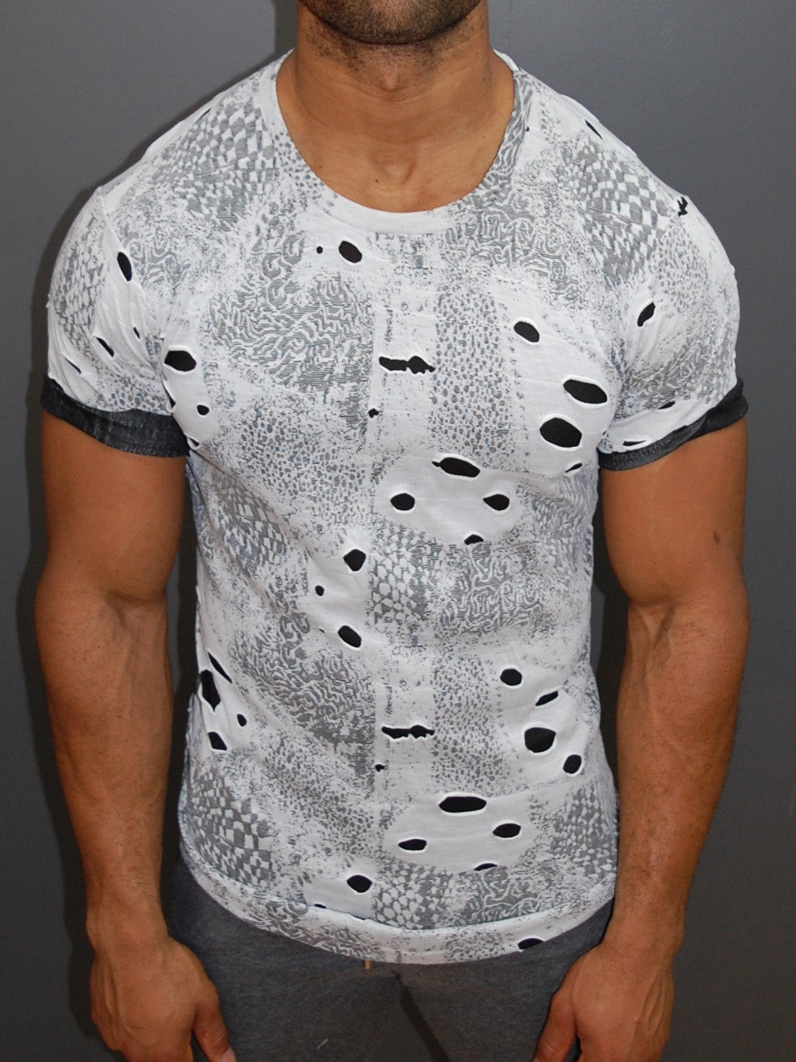 R&R Men Fly Homeless III Mock Holes Ripped T-Shirt - White