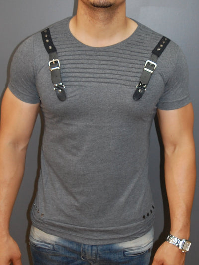 E1 Men Faux Leather Buckle Ribbed T-shirt - Heather Gray - FASH STOP