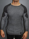 R&R Men Stylish 2 Tone Ribbed Arm Crew Neck Sweater - Dark Gray