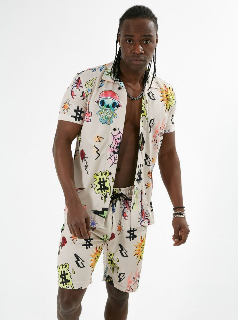 Beach Graphic Shirt + Short  Ensemble - Beige E30A