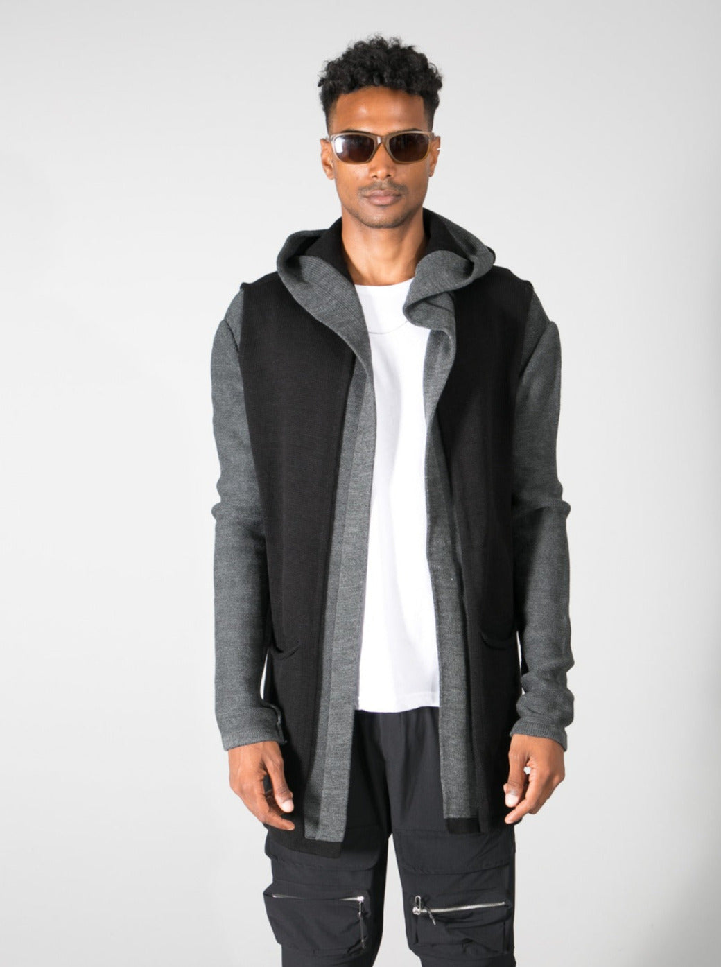 Grint Long Open Hoodie Sweater - Black E40A