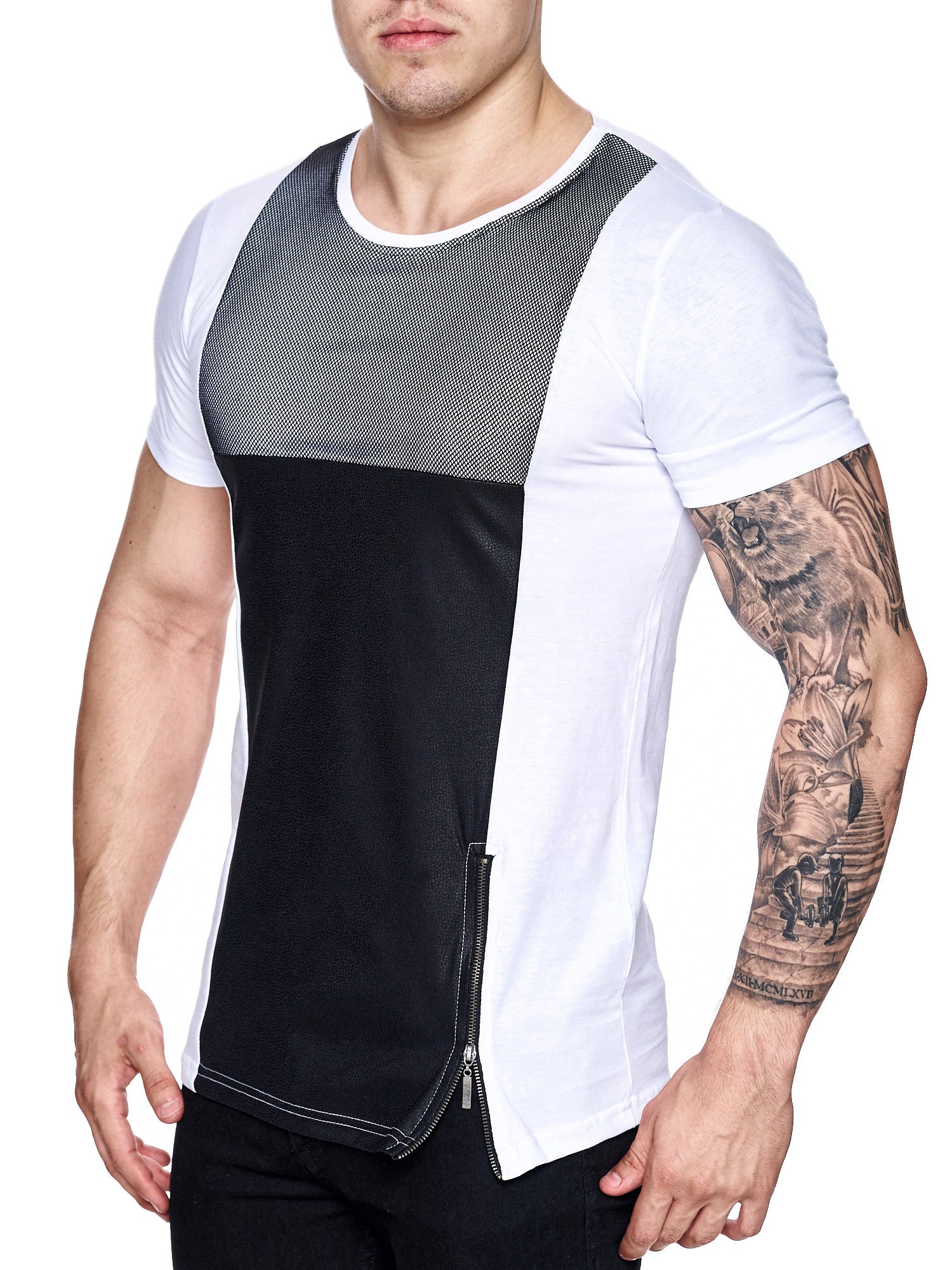 K&D Men Mesh Top Side Zipper T-shirt - White - FASH STOP