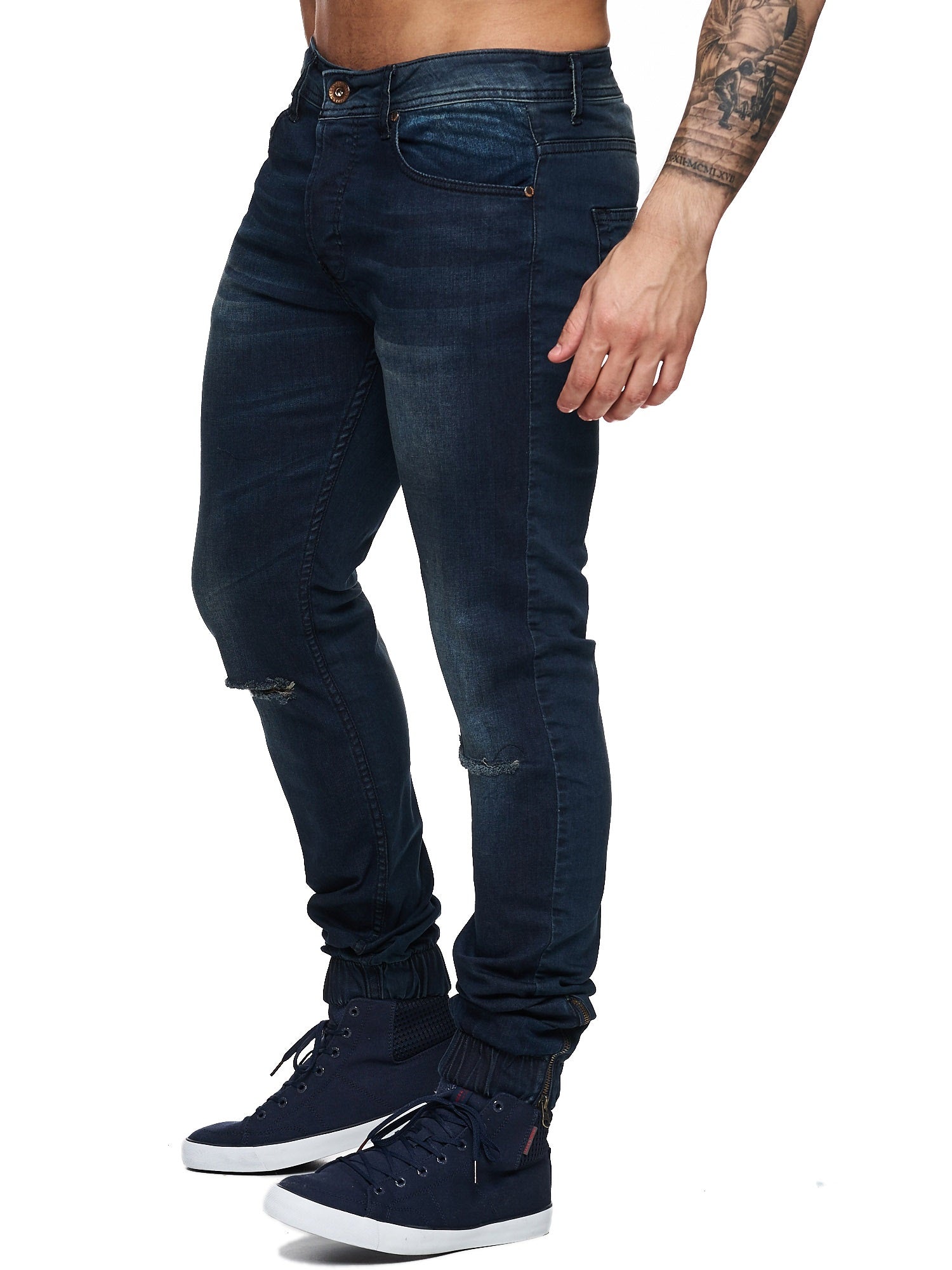 F&S Men Slim Fit Denim Avant Knee Ripped Distressed Jogger Jeans - Dark Blue - FASH STOP