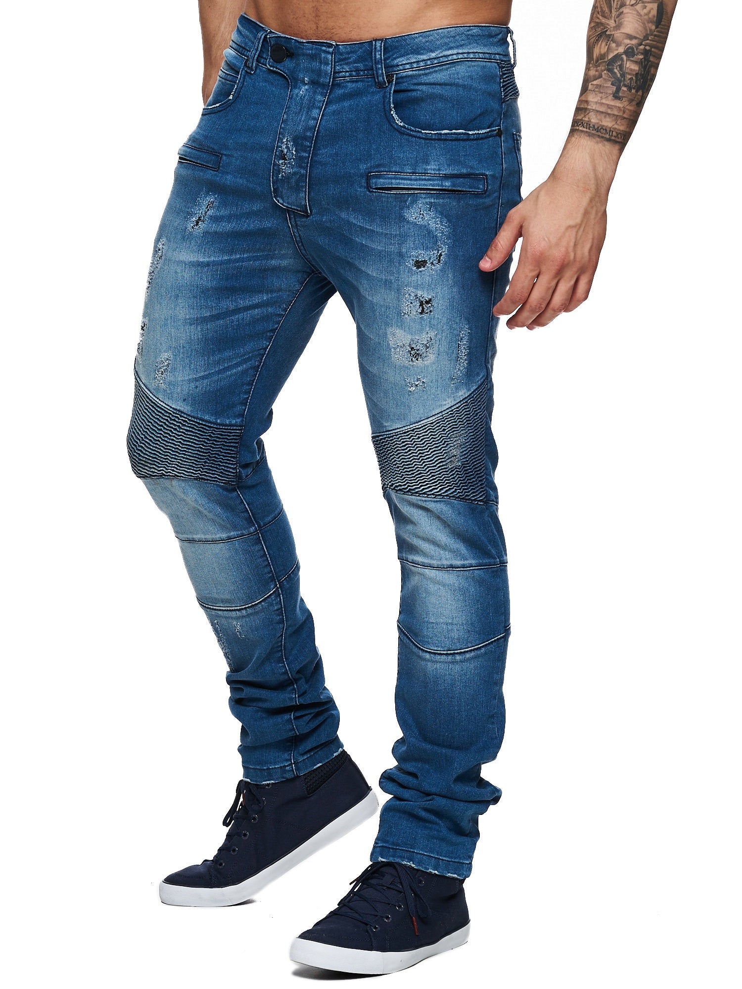 F&S Men Slim Fit Denim Ball 005 Biker Distressed Jeans - Blue - FASH STOP