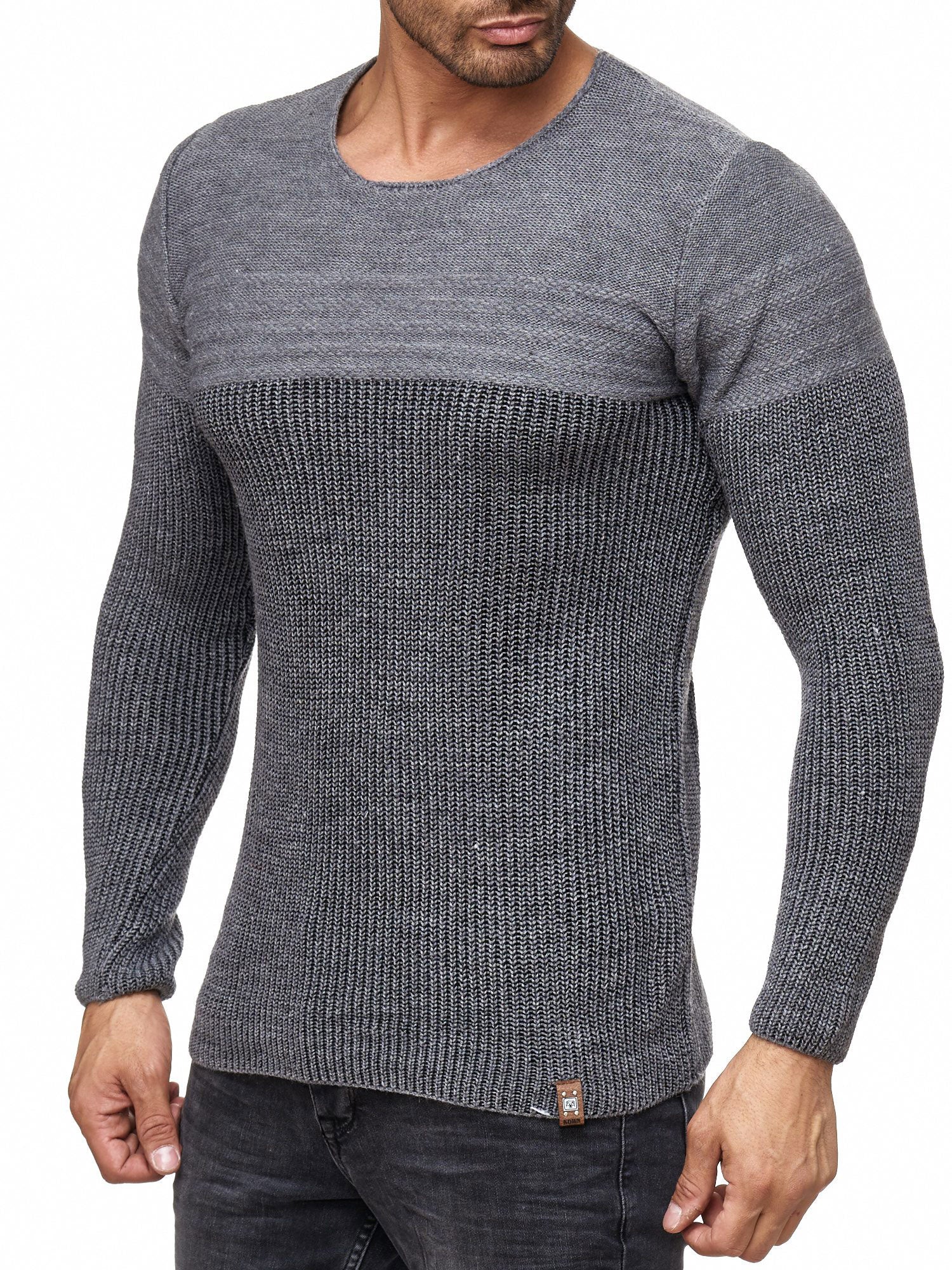 K&D Men Stylish 2 Tone Crew Neck Simple Sweater - Gray - FASH STOP