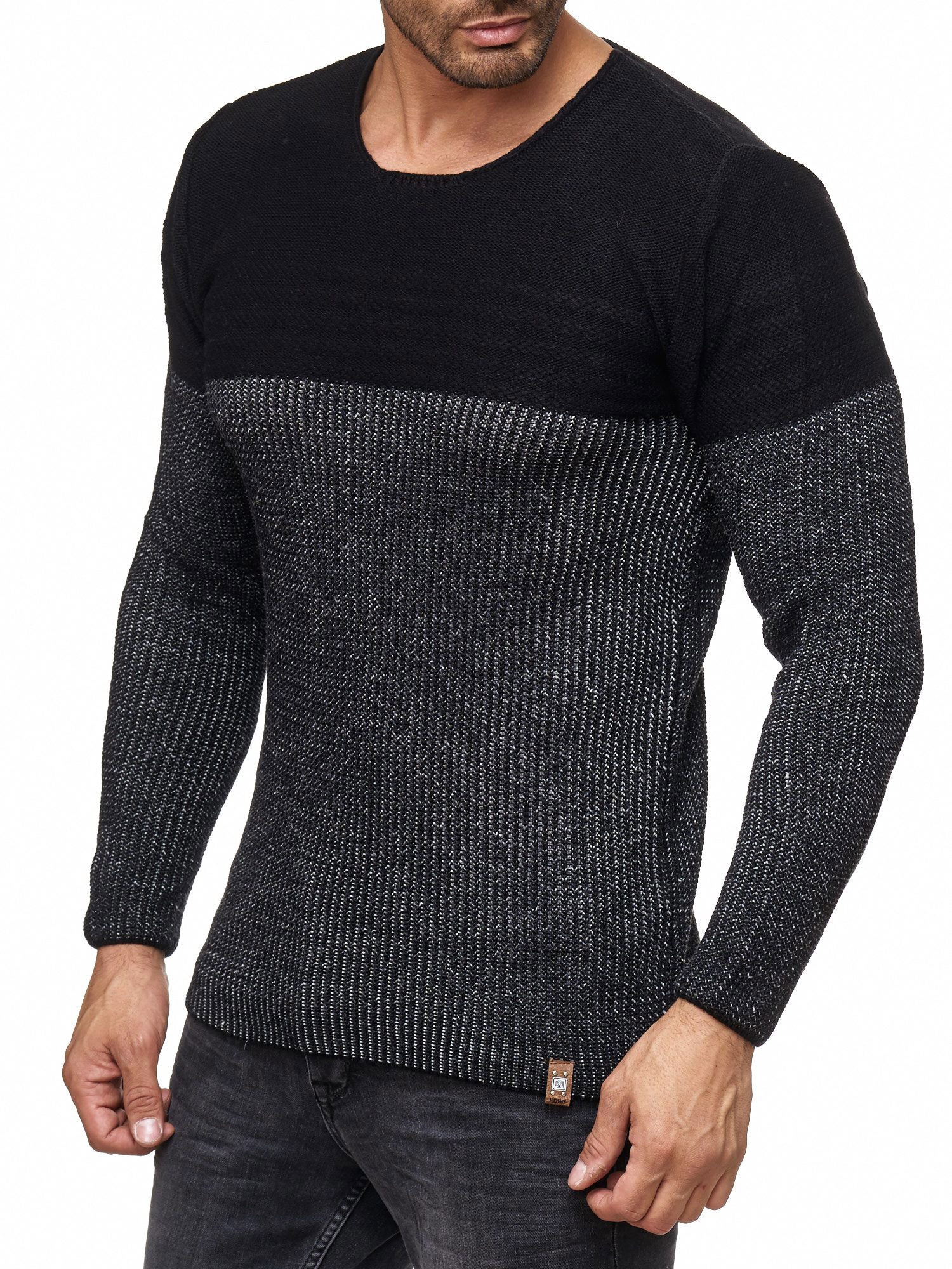 K&D Men Stylish 2 Tone Crew Neck Simple Sweater - Black - FASH STOP