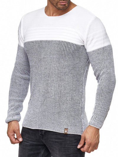 K&D Men Stylish 2 Tone Crew Neck Simple Sweater - White - FASH STOP