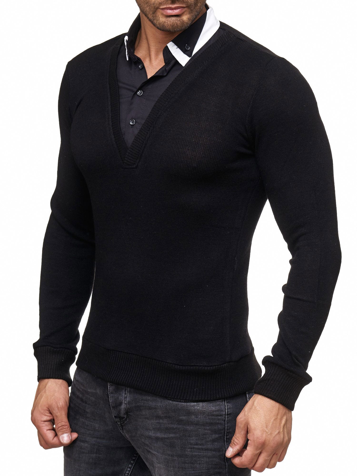 B&F Men Stylish Hybrid Collar Top Pullover Sweatshirt - Black - FASH STOP