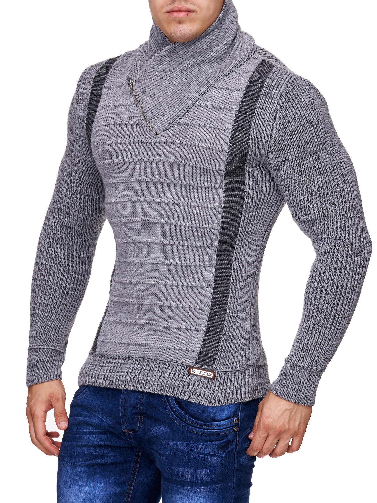 K&D Men Stylish 2 Line Mock Neck Zipper Sweater - Gray - FASH STOP