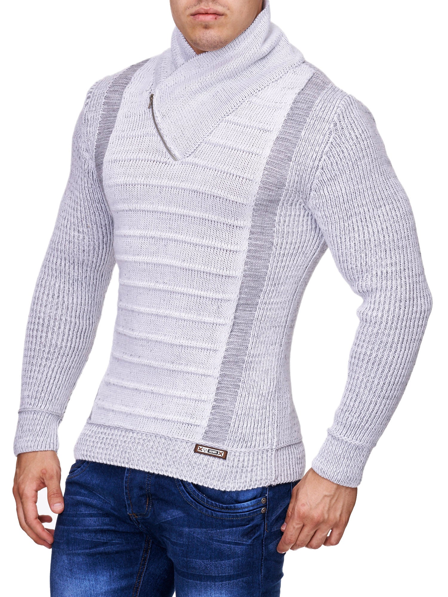 K&D Men Stylish 2 Line Mock Neck Zipper Sweater - White - FASH STOP