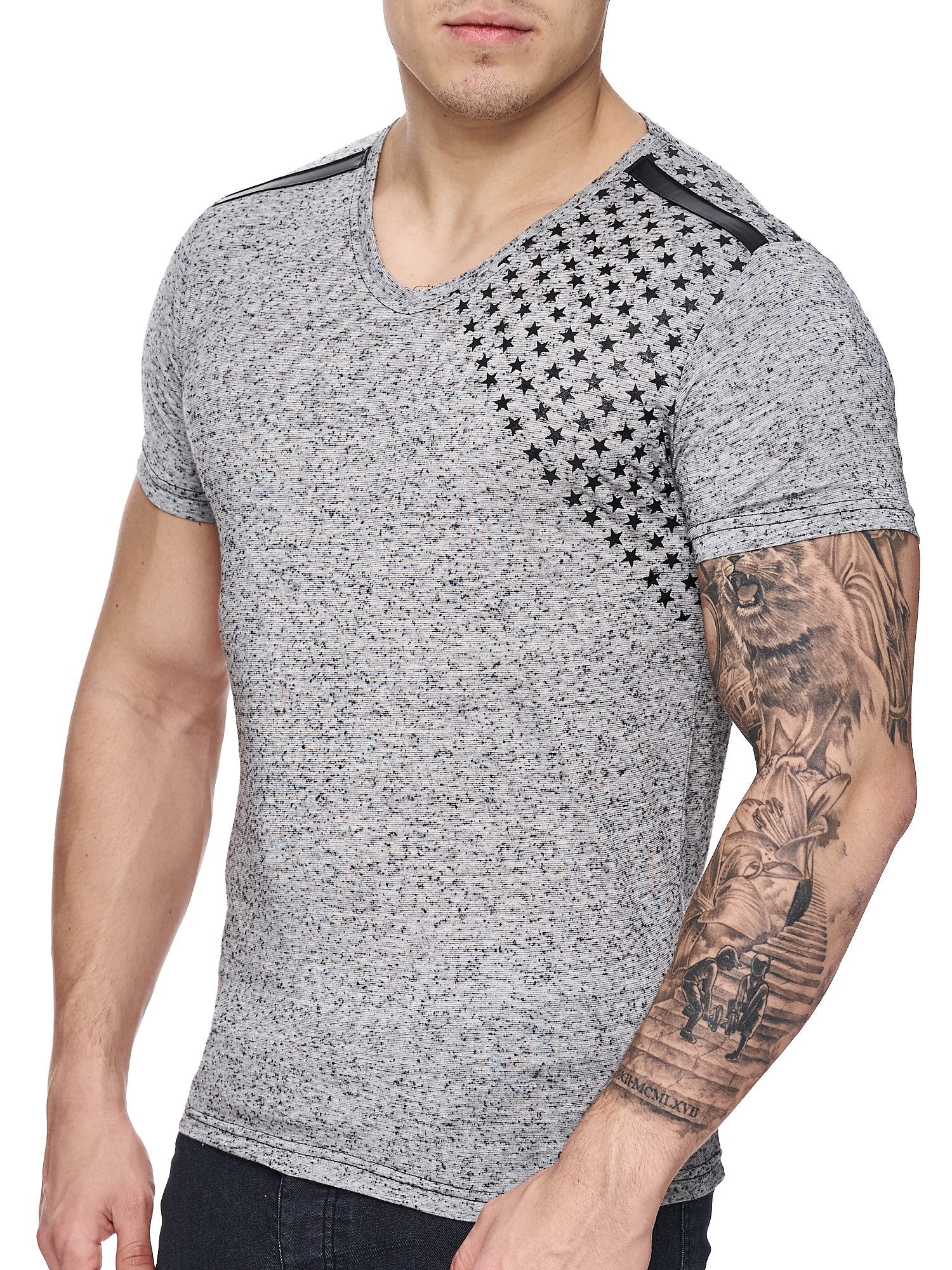 K&D Men Corner Stars Faux Leather Band V-Neck T-shirt -  Gray - FASH STOP