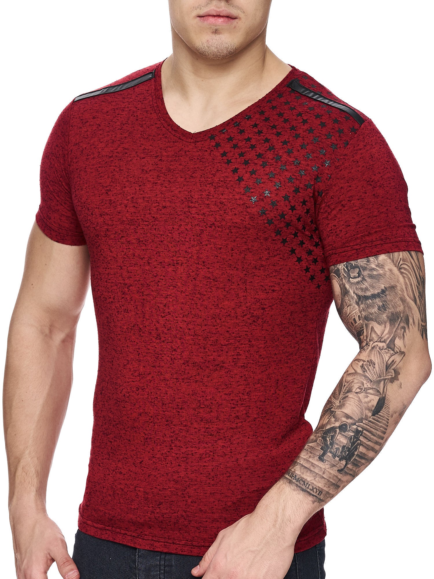 K&D Men Corner Stars Faux Leather Band V-Neck T-shirt - Red - FASH STOP