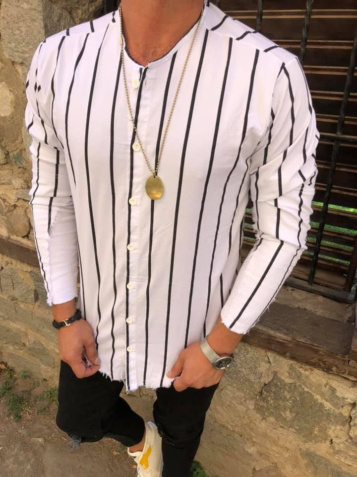 No Collar Stripes Long Sleeves Button Down Shirt - White OS0004B No Collar Stripes Long Sleeves Button Down Shirt - White OS0004B
