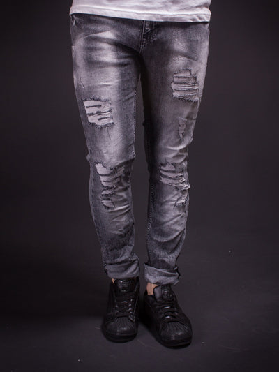ADJ Men Slim Fit Mis Ripped Destroyed  Jeans - Gray - FASH STOP