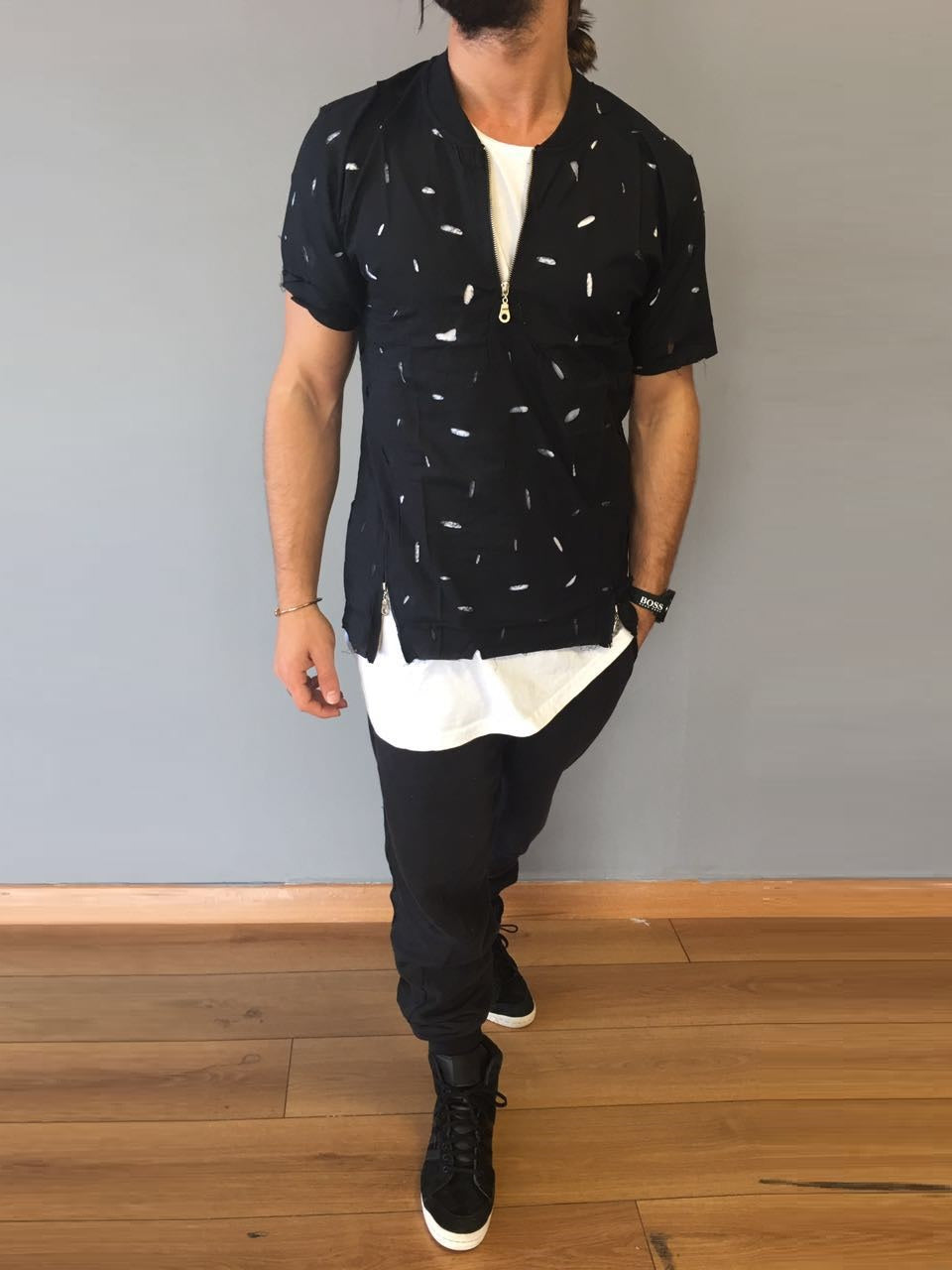 K&B Men Half Zip Ripped shirt - Black - FASH STOP