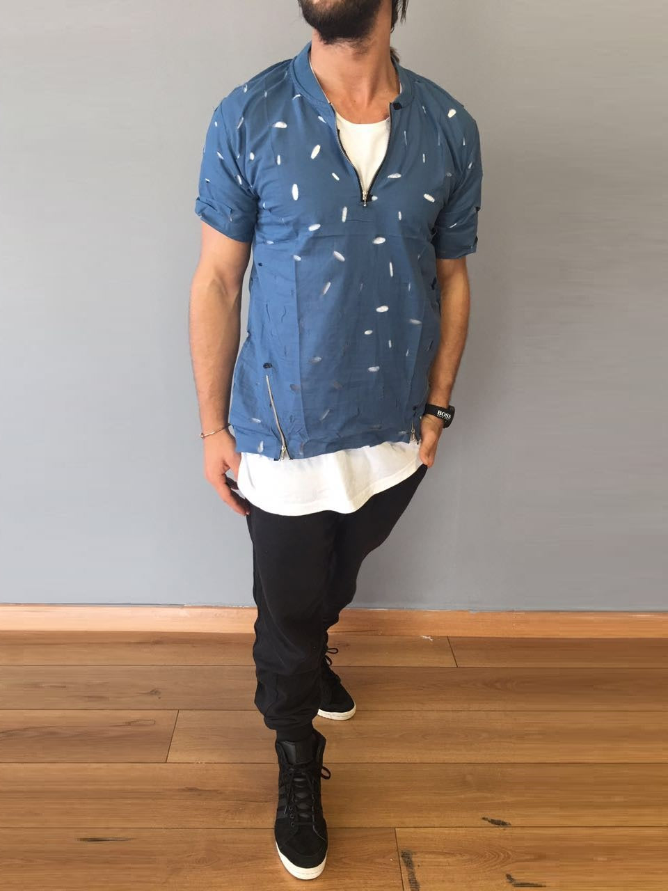 K&B Men Half Zip Ripped shirt - Blue - FASH STOP