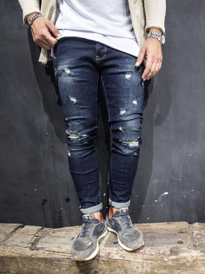 2Y Men Slim Fit "Here And There" Ripped Destroyed Jeans - Dark Blue - FASH STOP