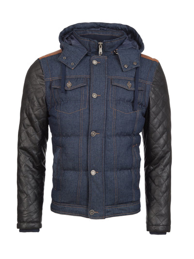 Y&R Men Stylish Denim Hoodie Jacket Faux Leather Sleeves - Blue