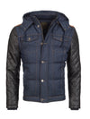 Y&R Men Stylish Denim Hoodie Jacket Faux Leather Sleeves - Blue