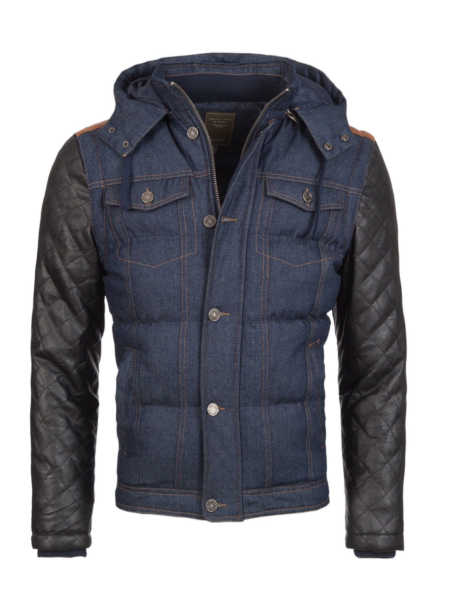 Y&R Men Stylish Denim Hoodie Jacket Faux Leather Sleeves - Blue
