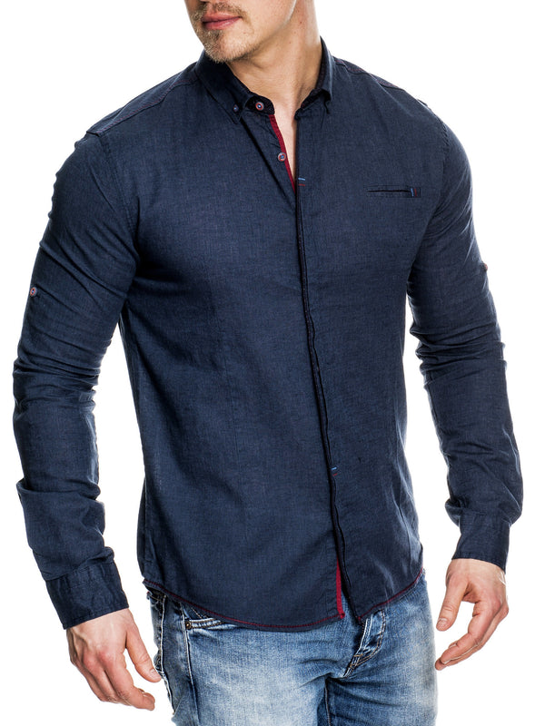 K&D Men Casual Button Up L/S Shirt - Navy Blue - FASH STOP