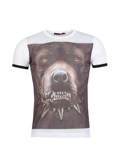 R&R Men Bling Angry Pitbull Perforated T-shirt - White