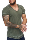 Washed Rugged Big V-neck T-Shirt - Army Green X0013B