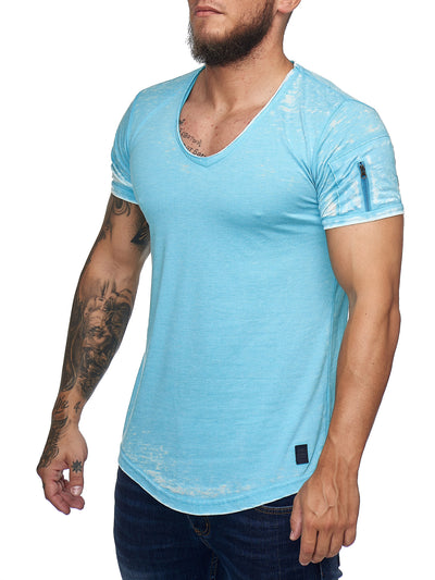 Washed Rugged Big V-neck T-Shirt - Sky Blue X0013C