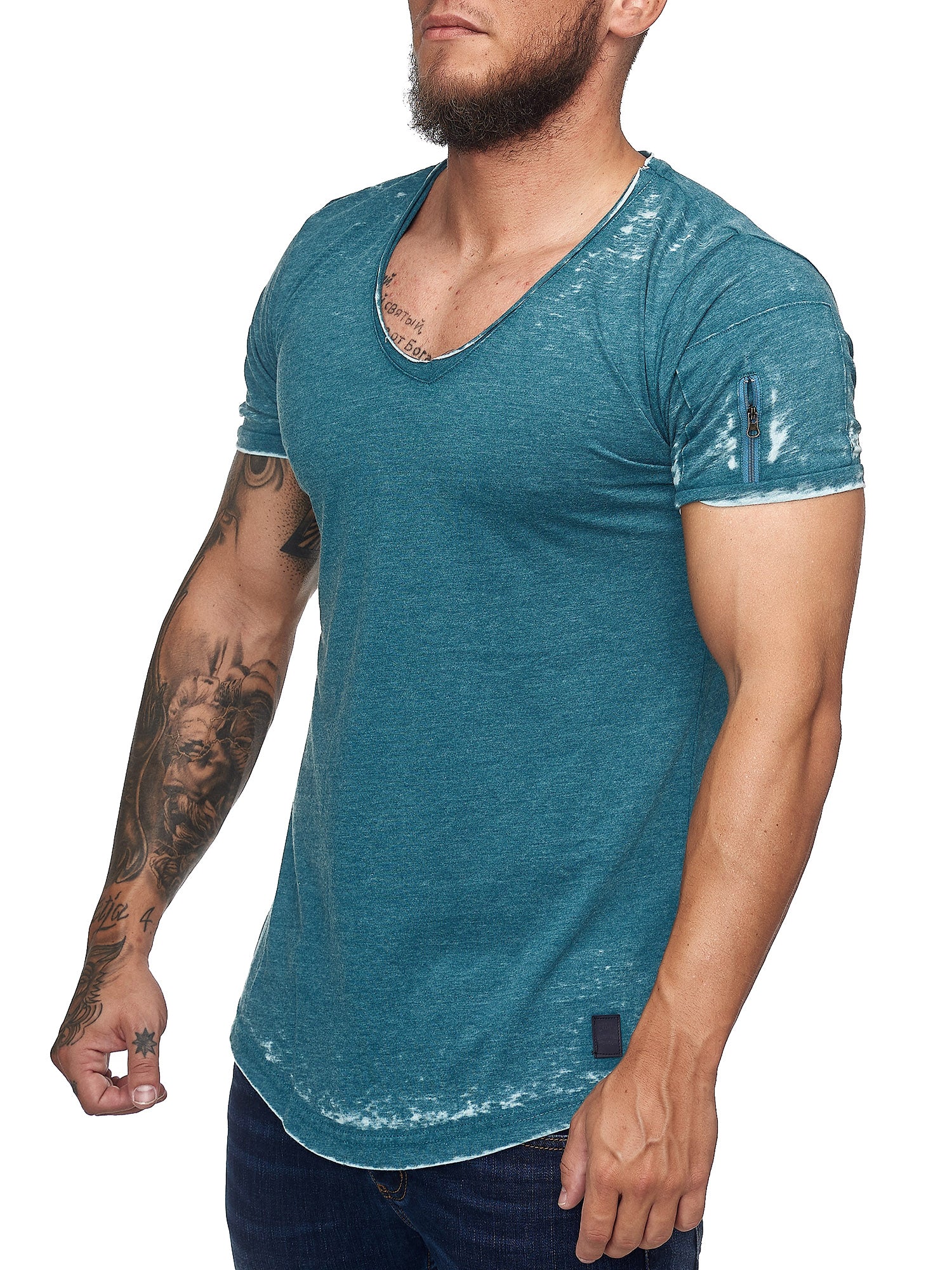 Washed Rugged Big V-neck T-Shirt - Green X0013D