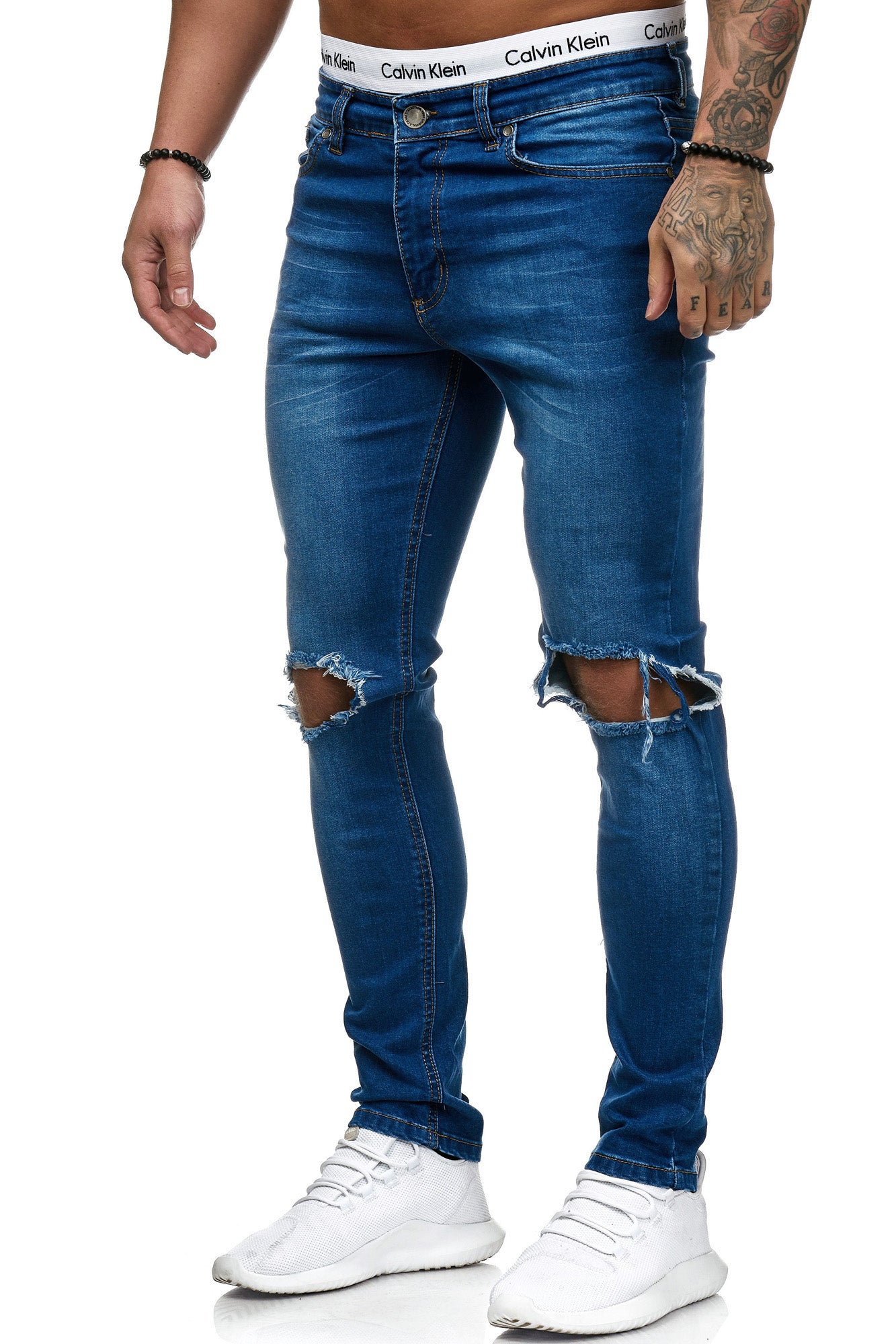 Blowout Knees Distressed Jeans - Blue - FASH STOP
