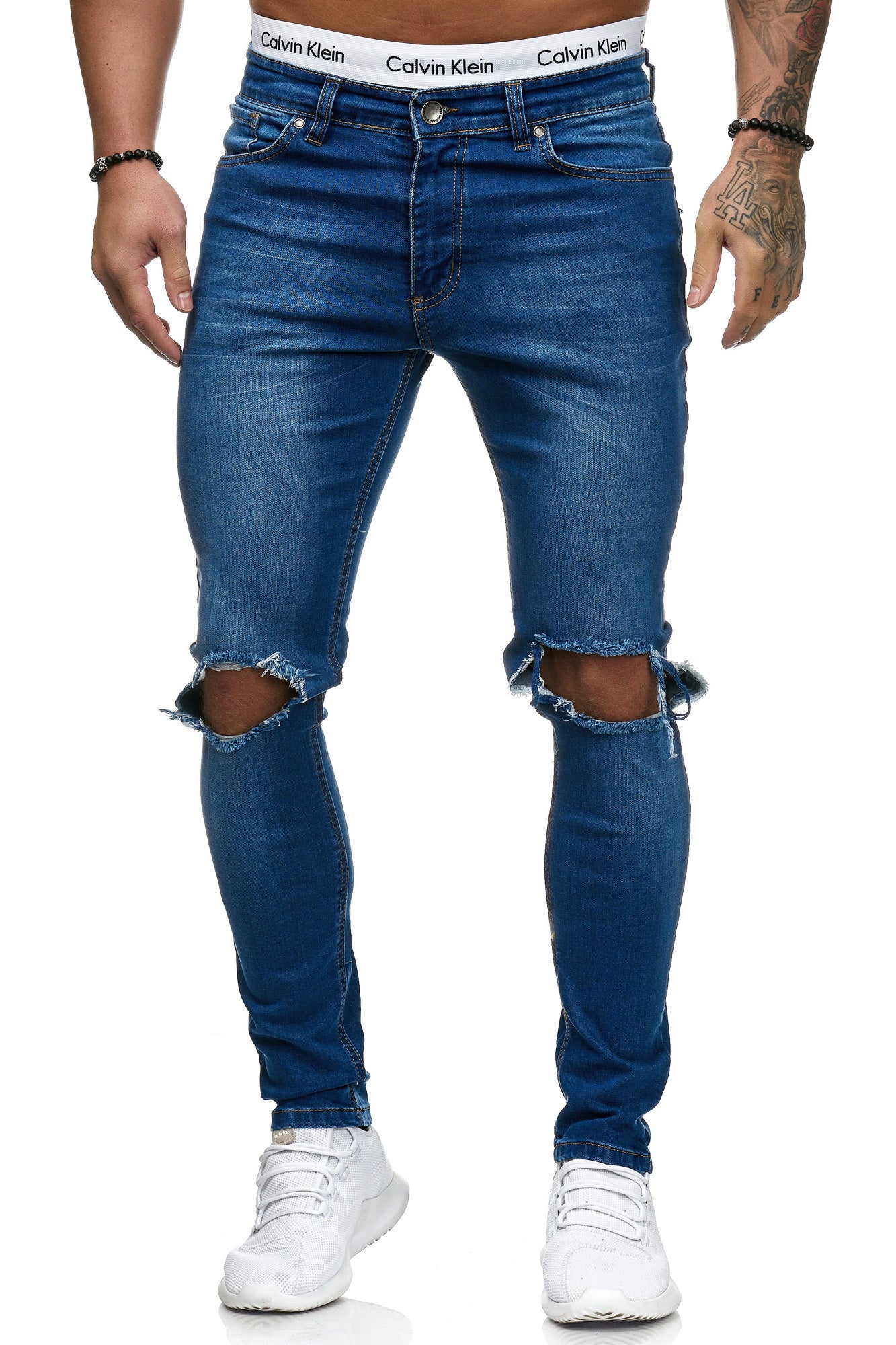Dark Blue Below Knee Ripped Trousers Denim Jeans – Lookbook Store