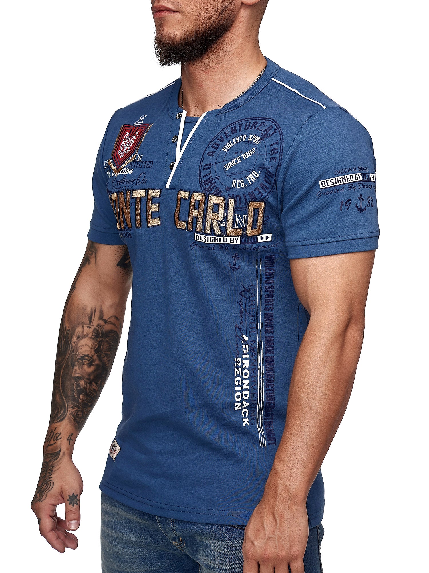 "Monte Carlo" Print Graphic V-Neck T-Shirt - Blue X79C