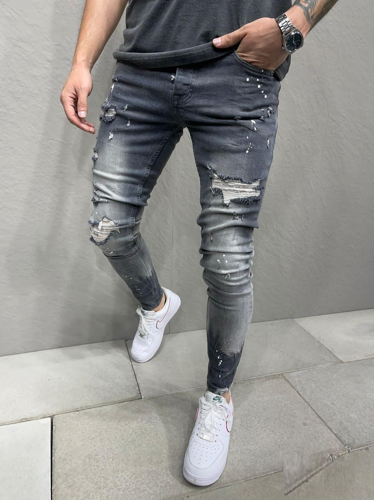 Mens Skinny Ripped Jeans Denim Pants Casual Stretch Slim Fit Hip Hop  Trousers