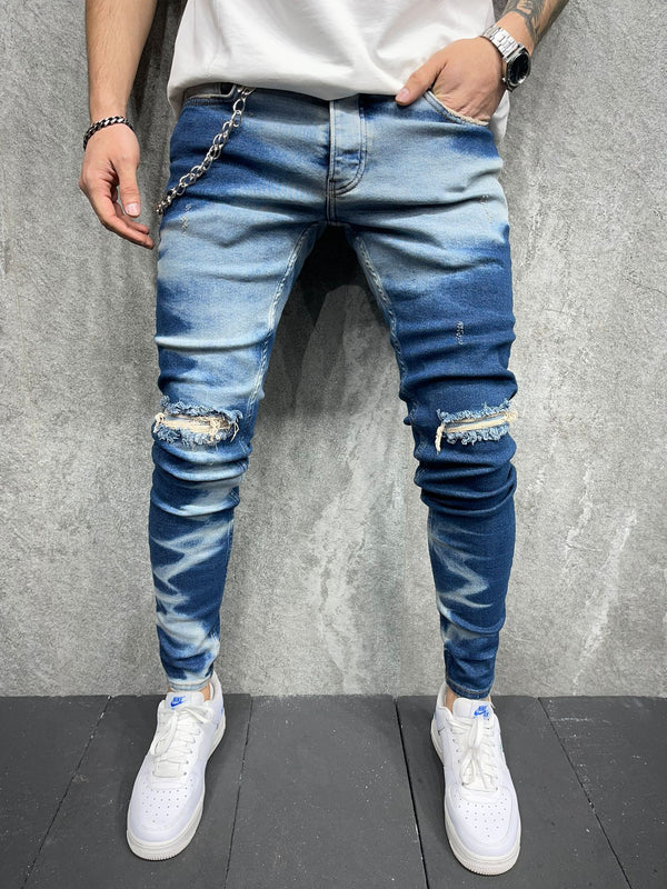 Fely Bleached Ripped Jeans + Chain - Blue Y14 - FASH STOP