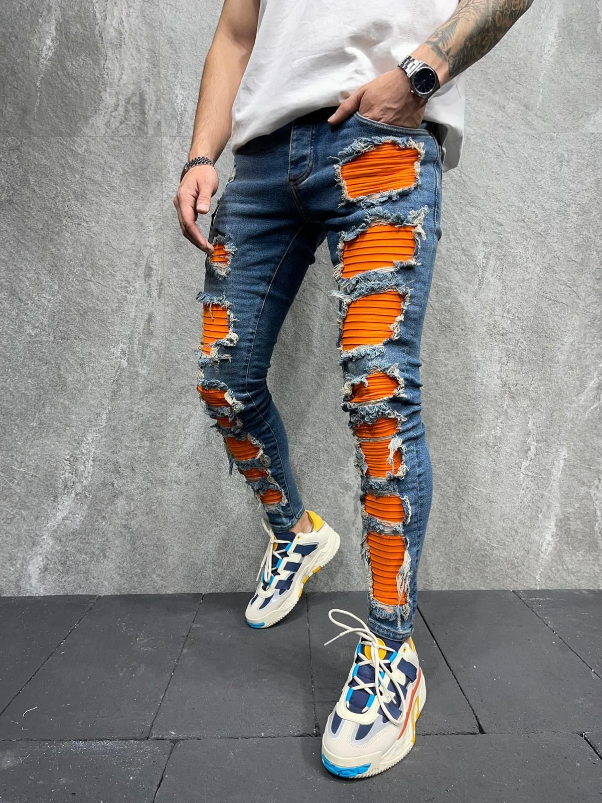 Monster Ripped In 2 Orange Monster Skinny Ripped Jeans - Blue Y2 - FASH STOP