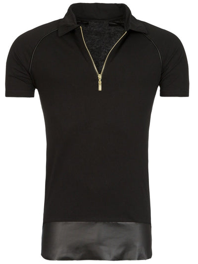Y&R Men Golden Zipper Polo Shirt Faux Leather Bottom - Black
