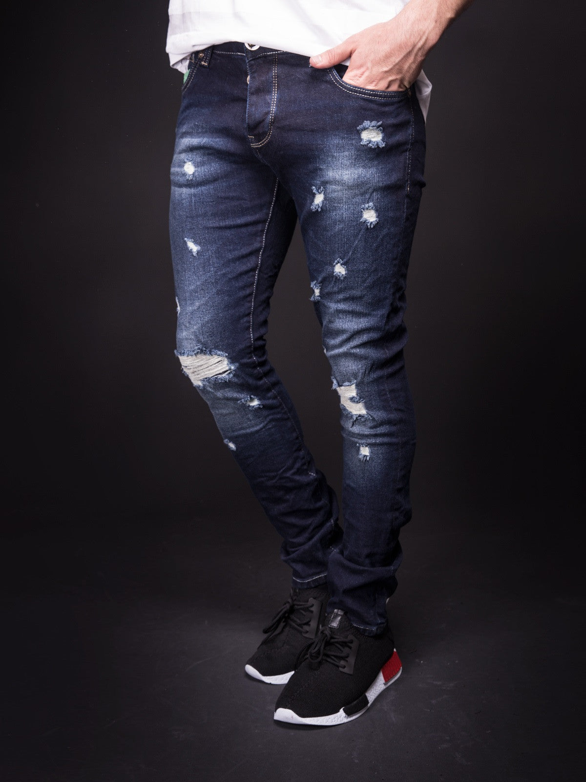 klippe Shipley Kanin 2Y Men Slim Fit "Here And There" Ripped Destroyed Jeans - Dark Blue - FASH  STOP