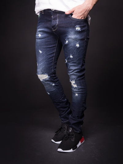 2Y Men Slim Fit "Here And There" Ripped Destroyed Jeans - Dark Blue - FASH STOP