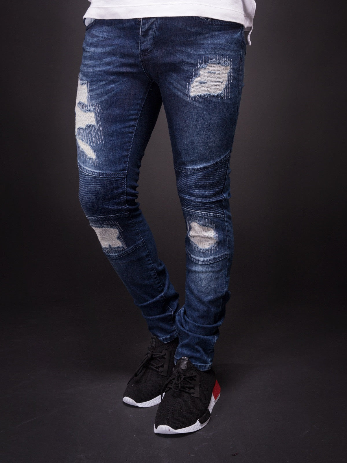 D&H Men Skinny Fit Motor Biker Distressed Jeans - Blue - FASH STOP