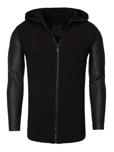 Y&R Men Stylish Mid Length Zip Up Hoodie Faux Leather Sleeves - Black
