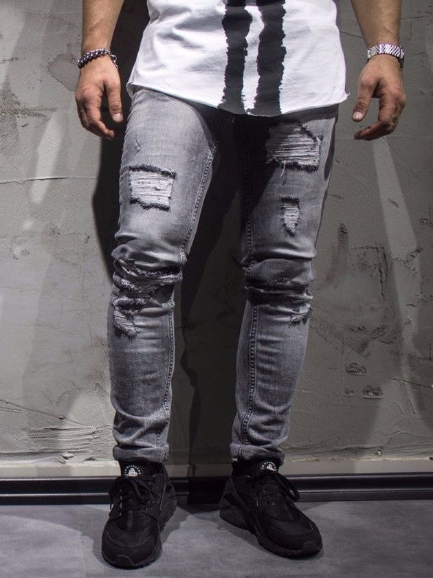ADJ Men Slim Fit Mis Ripped Destroyed  Jeans - Gray - FASH STOP