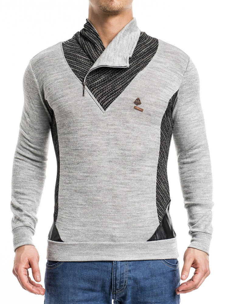 K&D Men Stylish 2 Tone Mock ZIipper Neck  Sweater - Gray - FASH STOP